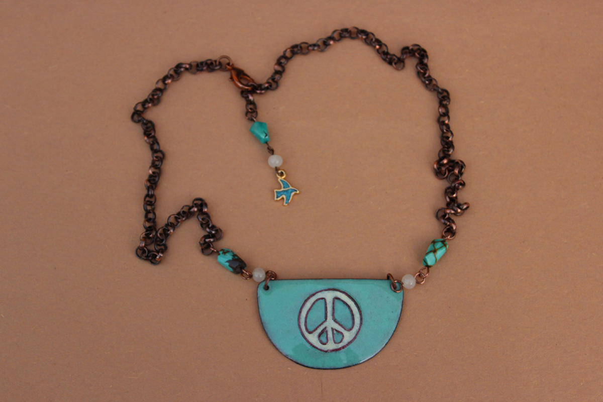 N483 Aqua Enamel Peace Sign & Copper picture