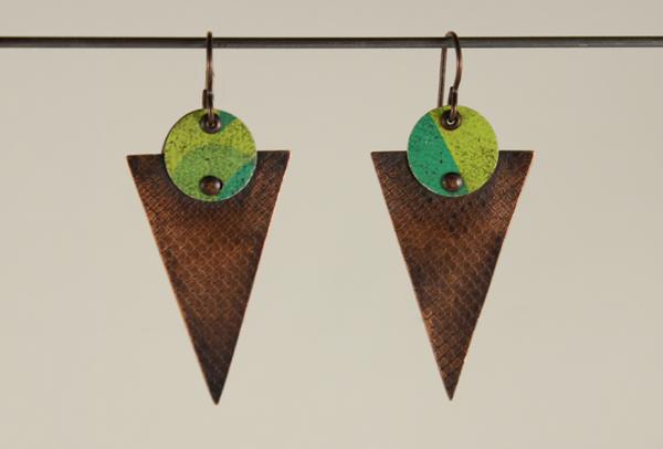 E433 Riveted Tin on Copper Triangle Earrings picture