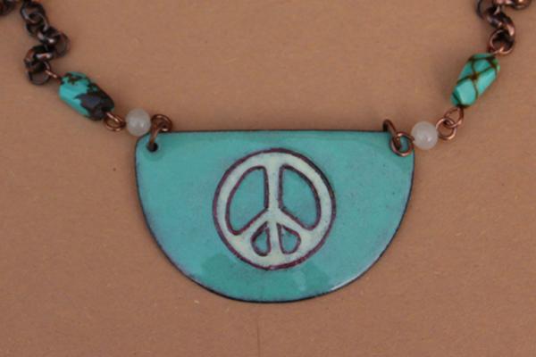 N483 Aqua Enamel Peace Sign & Copper