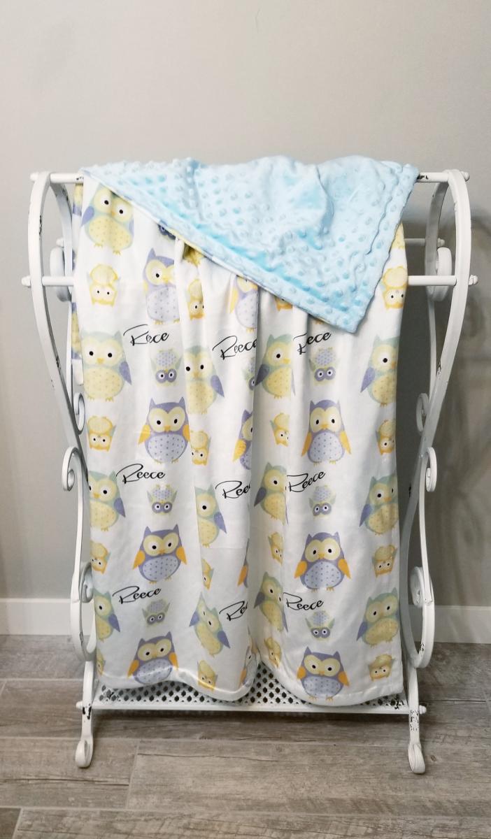 BLUE OWL- Personalized Minky Lined Baby Blanket picture