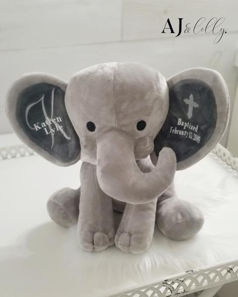 Personalized Baby Elephant- Baptism Gray picture