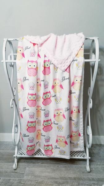 PINK OWL-Personalized Minky Lined Baby Blanket picture