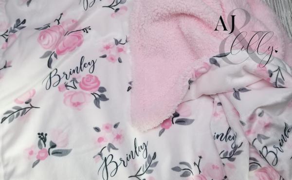 PINK AND GRAY FLORAL- Personalized Sherpa Lined Baby Blanket picture