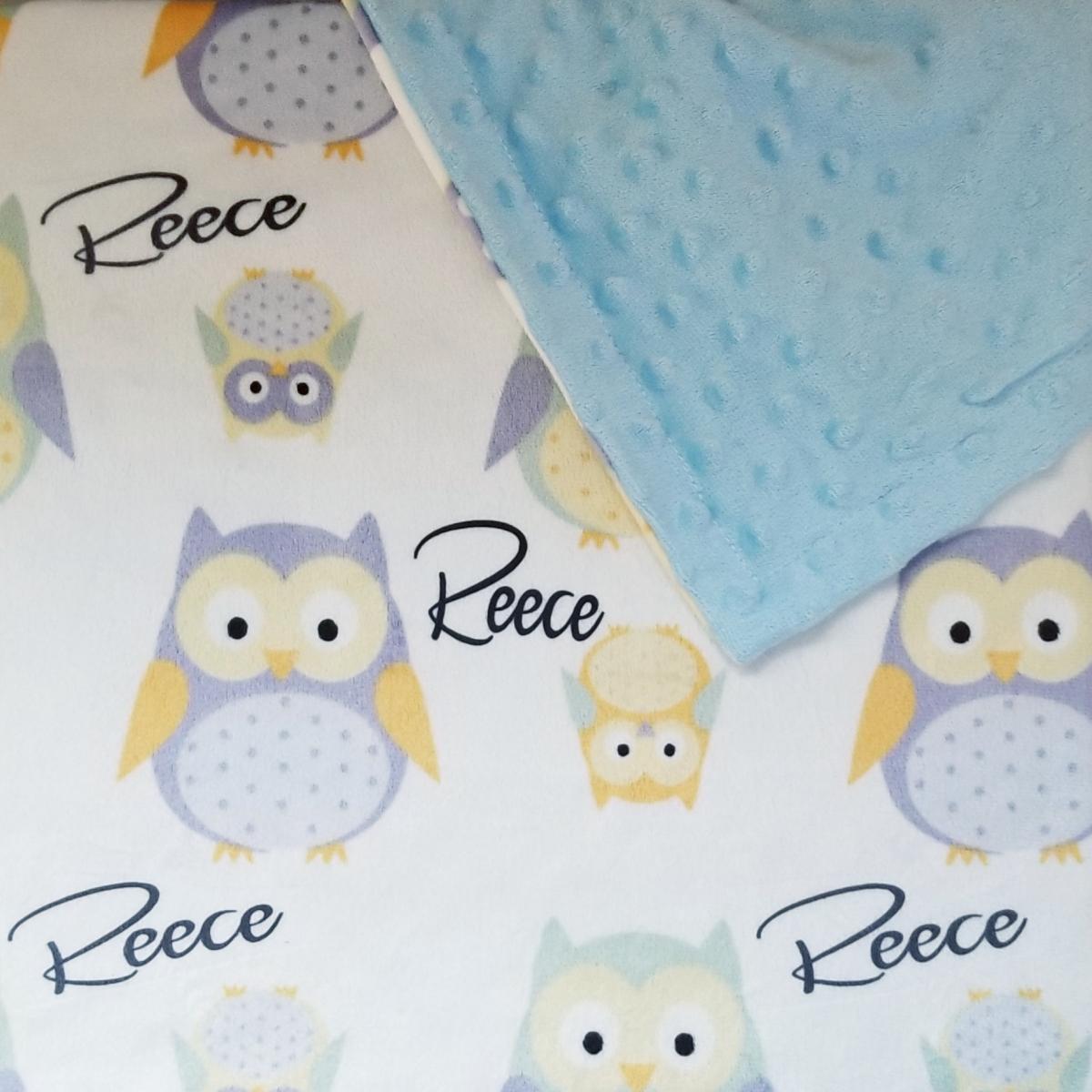 BLUE OWL- Personalized Minky Lined Baby Blanket picture