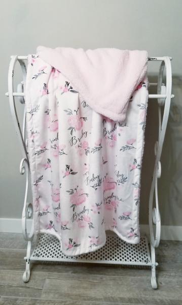 PINK AND GRAY FLORAL- Personalized Sherpa Lined Baby Blanket picture