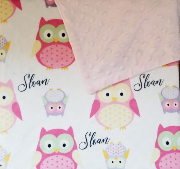 PINK OWL-Personalized Minky Lined Baby Blanket picture