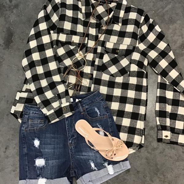 Black & White Plaid Button Shirt, Medium picture