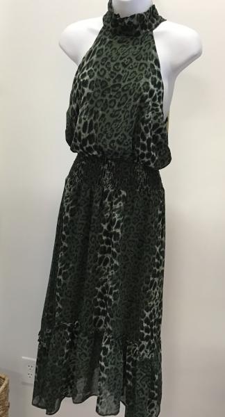 Elan Olive Green Leopard Halter Dress, Medium