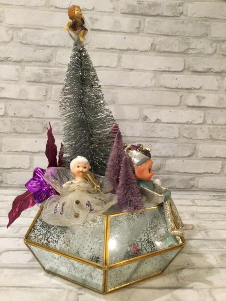 Purple Christmas centerpiece with antique Christmas decorations and vintage decorations picture