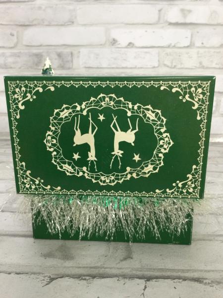 Green Christmas List recipe box with antique Christmas card back drop and antique and vintage decorations picture
