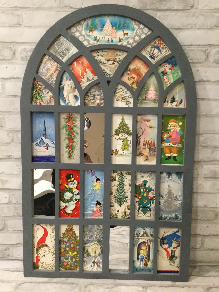 Hanging window with 29 antique cards picture
