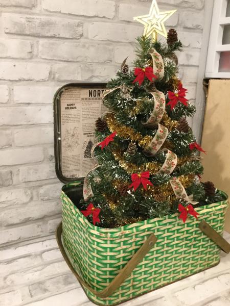 Large green vintage picnic basket with Christmas tree picture