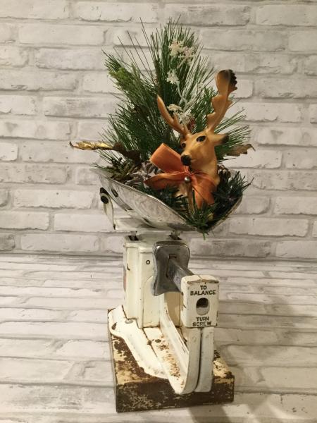 Vintage scale with antique deer and florals picture