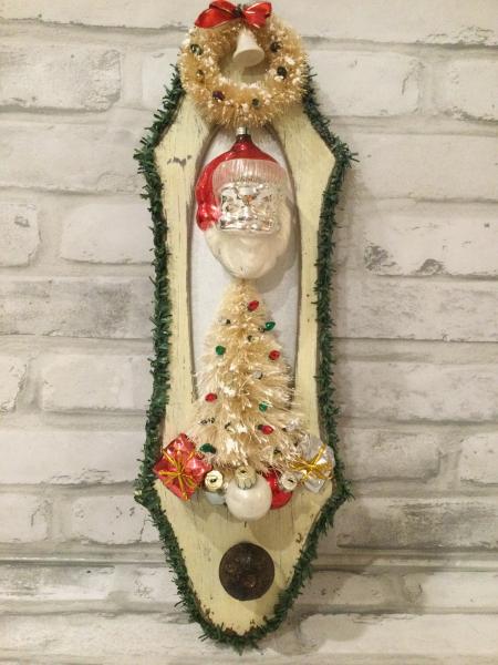 Christmas sign with antique decorations and vintage ornaments