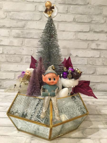 Purple Christmas centerpiece with antique Christmas decorations and vintage decorations