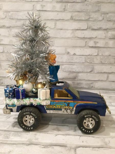 Vintage Nylint metal muscle truck in blue filled with vintage Christmas decorations picture