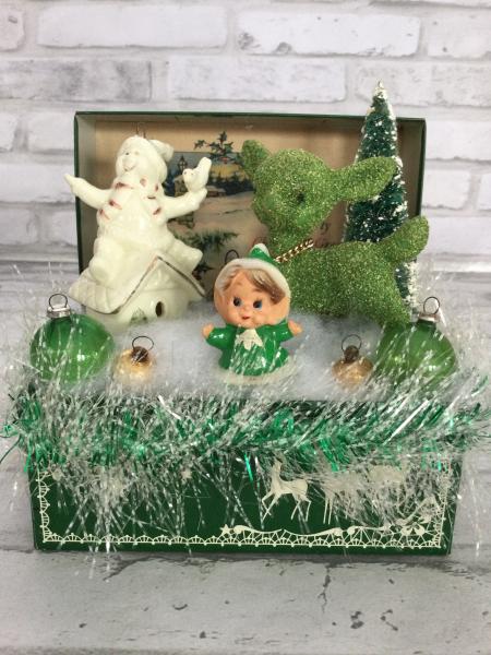 Green Christmas List recipe box with antique Christmas card back drop and antique and vintage decorations