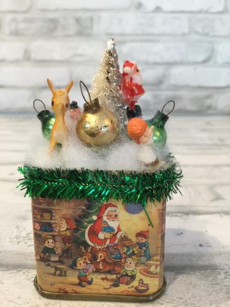 Vintage Christmas tin filled with vintage decorations picture