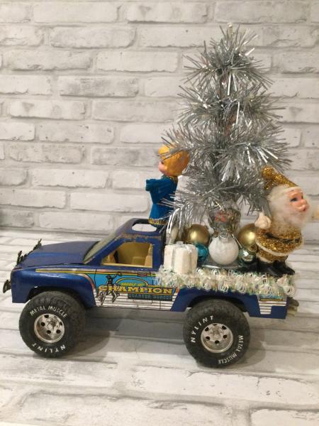 Vintage Nylint metal muscle truck in blue filled with vintage Christmas decorations picture