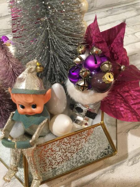Purple Christmas centerpiece with antique Christmas decorations and vintage decorations picture