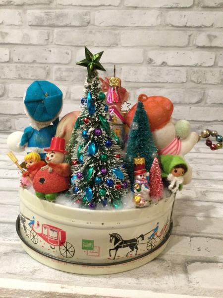 Vintage Retro Christmas tin filled with antique Christmas decorations and ornaments picture