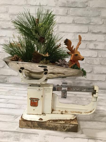 Vintage scale with antique deer and florals picture