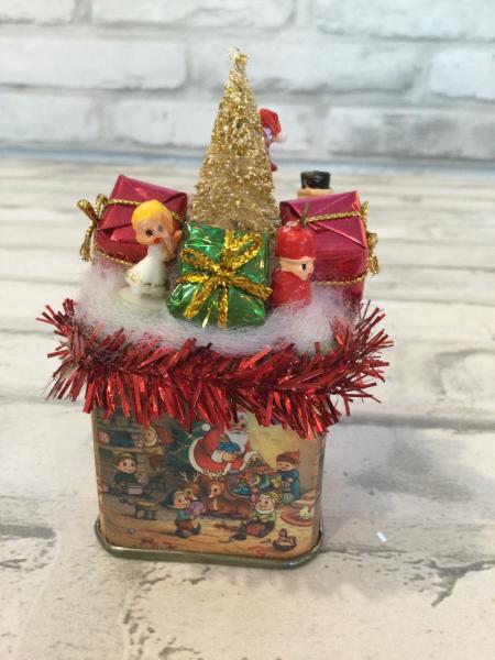 Tiny vintage Christmas tin filled with vintage decorations