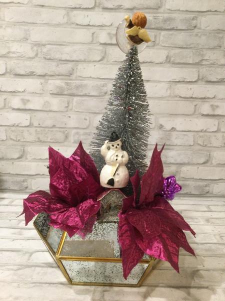 Purple Christmas centerpiece with antique Christmas decorations and vintage decorations picture