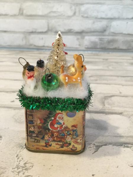 Vintage Christmas tin filled with vintage decorations