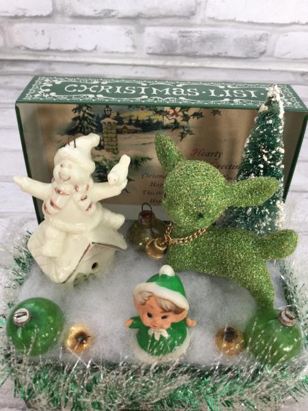 Green Christmas List recipe box with antique Christmas card back drop and antique and vintage decorations picture