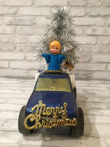 Vintage Nylint metal muscle truck in blue filled with vintage Christmas decorations picture