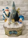 Vintage Christmas tin with blue and gold