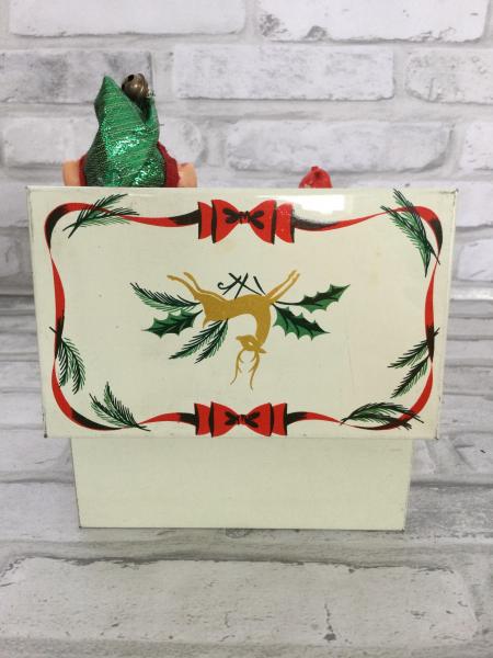 Vintage Christmas card list box with antique Christmas card back drop and antique decorations picture