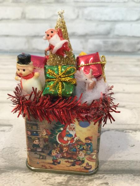 Tiny vintage Christmas tin filled with vintage decorations picture