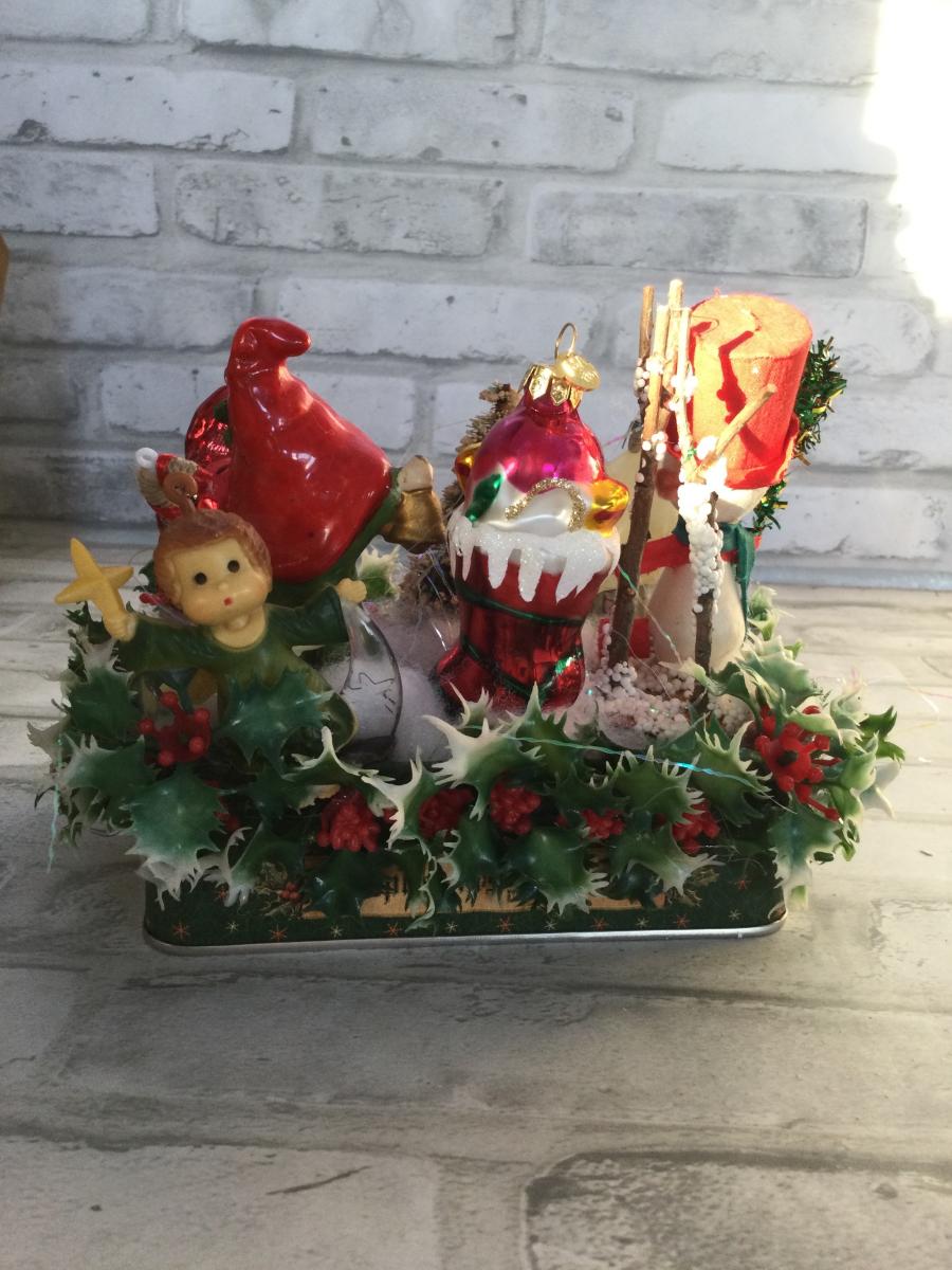 Vintage Christmas tin filled with antique Christmas decorations picture