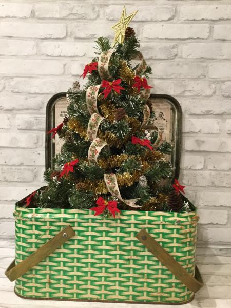 Large green vintage picnic basket with Christmas tree picture