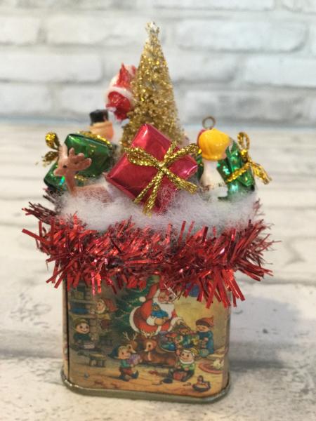 Tiny vintage Christmas tin filled with vintage decorations picture