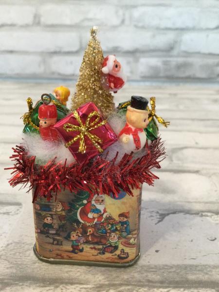 Tiny vintage Christmas tin filled with vintage decorations picture