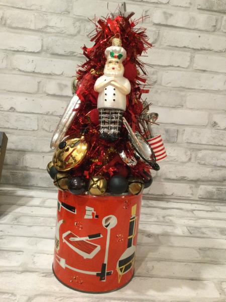 Vintage Retro tin filled with retired Christmas ornaments and vintage decorations