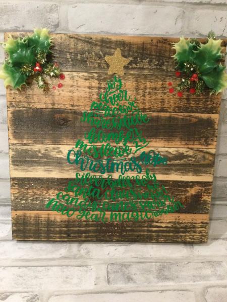 Wood homemade sign. Designed as a Christmas tree