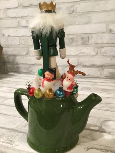 Green ceramic tea pot with antique glass ornaments, etc. picture