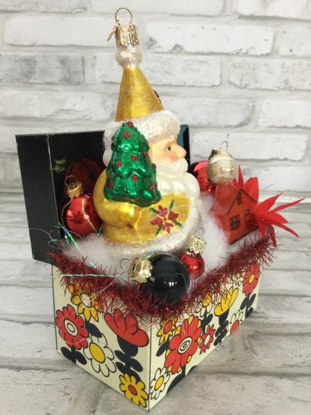 Vintage retro recipe box filled with antique card back drop and retired ornament and bottle brush tree. picture