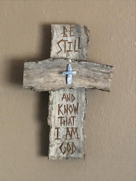 HAND CARVED 6 1/2 Inch Cross "Be Still and Know That I Am God" Ps. 46:10 picture