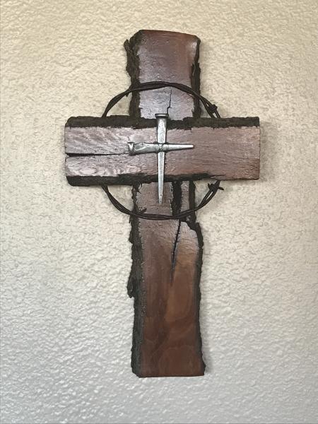 12 Inch Rustic Cross with Barbed Wire and Nail Cross Center picture
