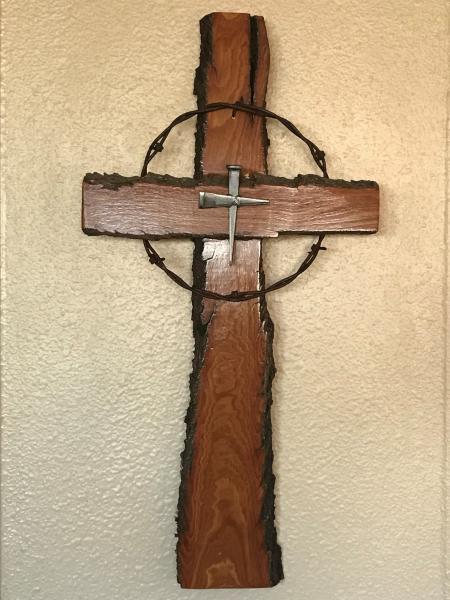 17 3/4 Inch Rustic Cross With Barbed Wire and Nail Cross Center picture