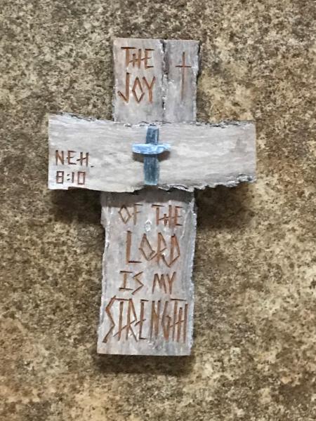 HAND CARVED 6 Inch Cross "The Joy of the Lord is My Strength" Neh. 8:10 picture