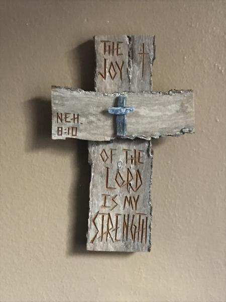HAND CARVED 6 Inch Cross "The Joy of the Lord is My Strength" Neh. 8:10 picture