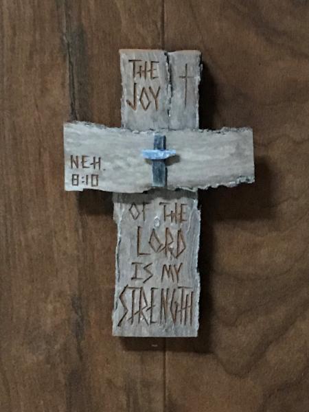 HAND CARVED 6 Inch Cross "The Joy of the Lord is My Strength" Neh. 8:10 picture