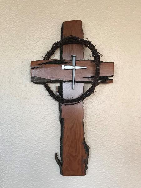 14 1/4 Inch Rustic Cross With REAL Crown of Thorns and Nail Cross Center picture
