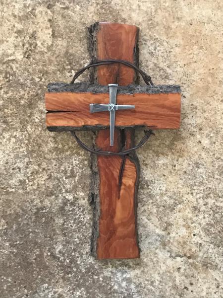 12 Inch Rustic Cross with Barbed Wire and Nail Cross Center picture